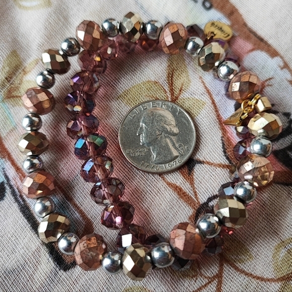 Erimish Pair of Faceted Crystal Stretch Bracelets Brown Purple Hue Copper Silver - Picture 4 of 7